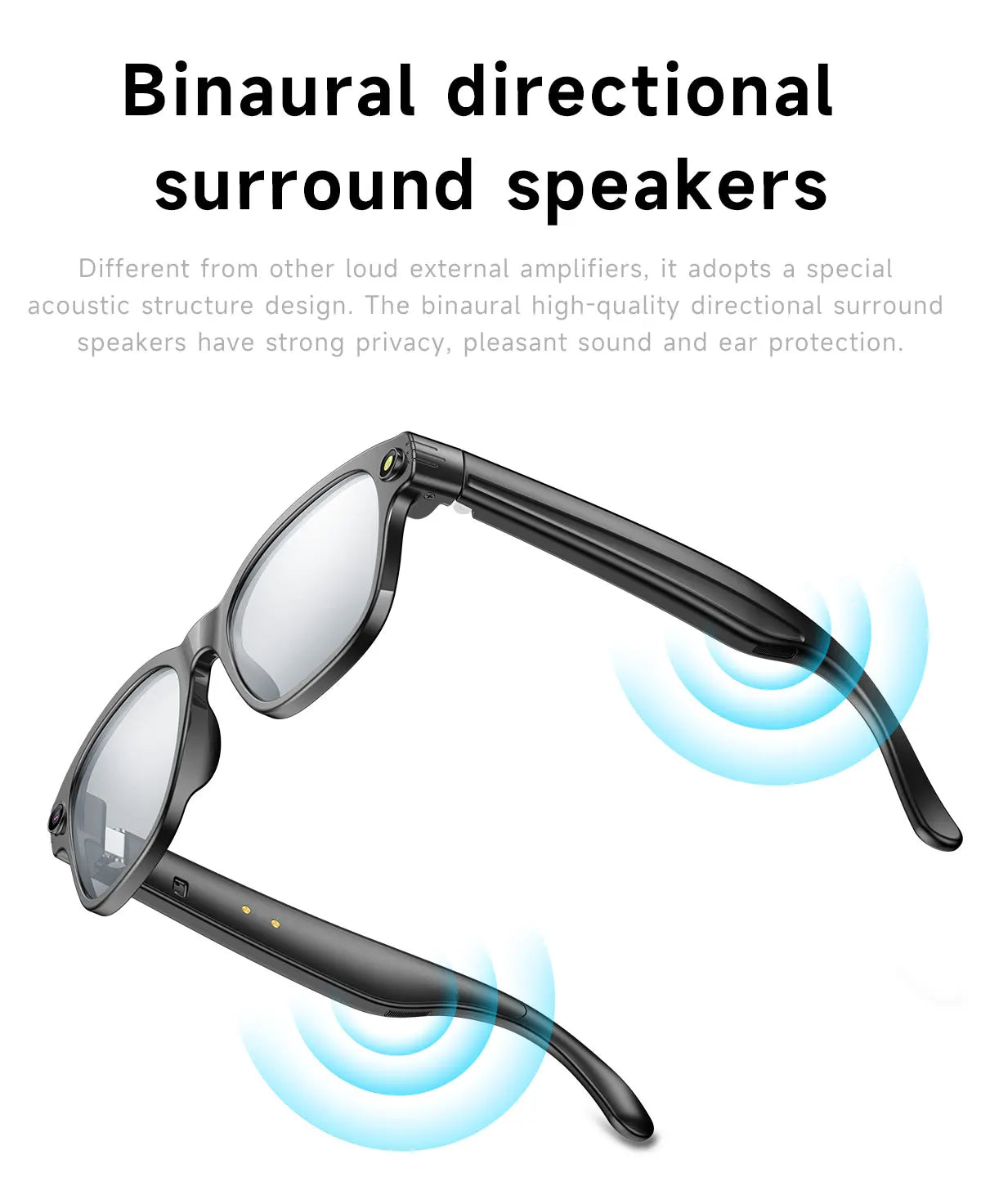 Lunettes intelligentes avec caméra HD 8Mpx, vidéo HD 1200p anti-tremblement, assistant vocal intelligent IA, traduction en temps réel et reconnaissance d'objets.
