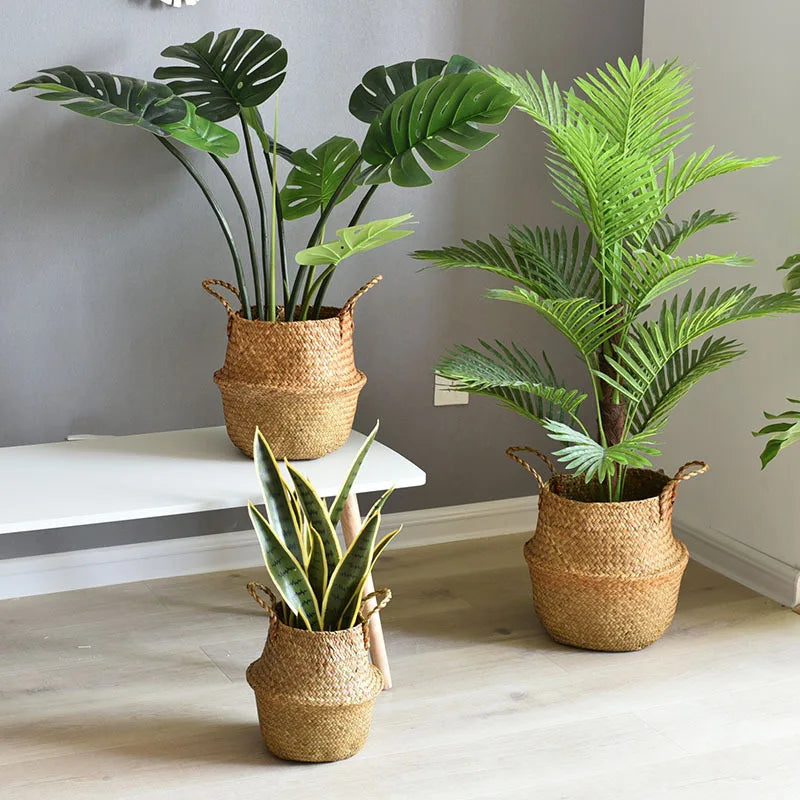 Nordic flower basket, portable woven basket, flower pot, straw woven, bamboo woven, plant woven, floor-standing folding straw wo