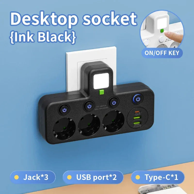 EU Plug Power Strip with 3 AC Outlets +2 USB Ports+ 1 Type C, 6-in-1 Plug Socket Adapter Wireless Wall Charger for Home Office