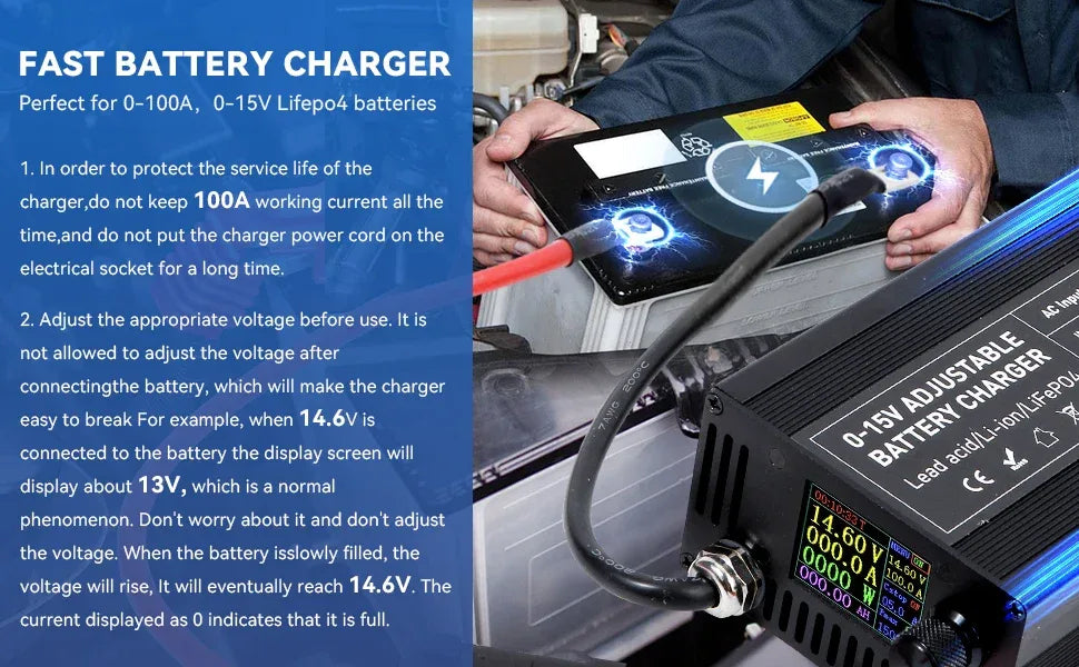 Portable 12V100A Lifepo4 Battery Charger 40A 50A Lithium Battery Charger 60A 85A with Adjustable Voltage and Current Anderson