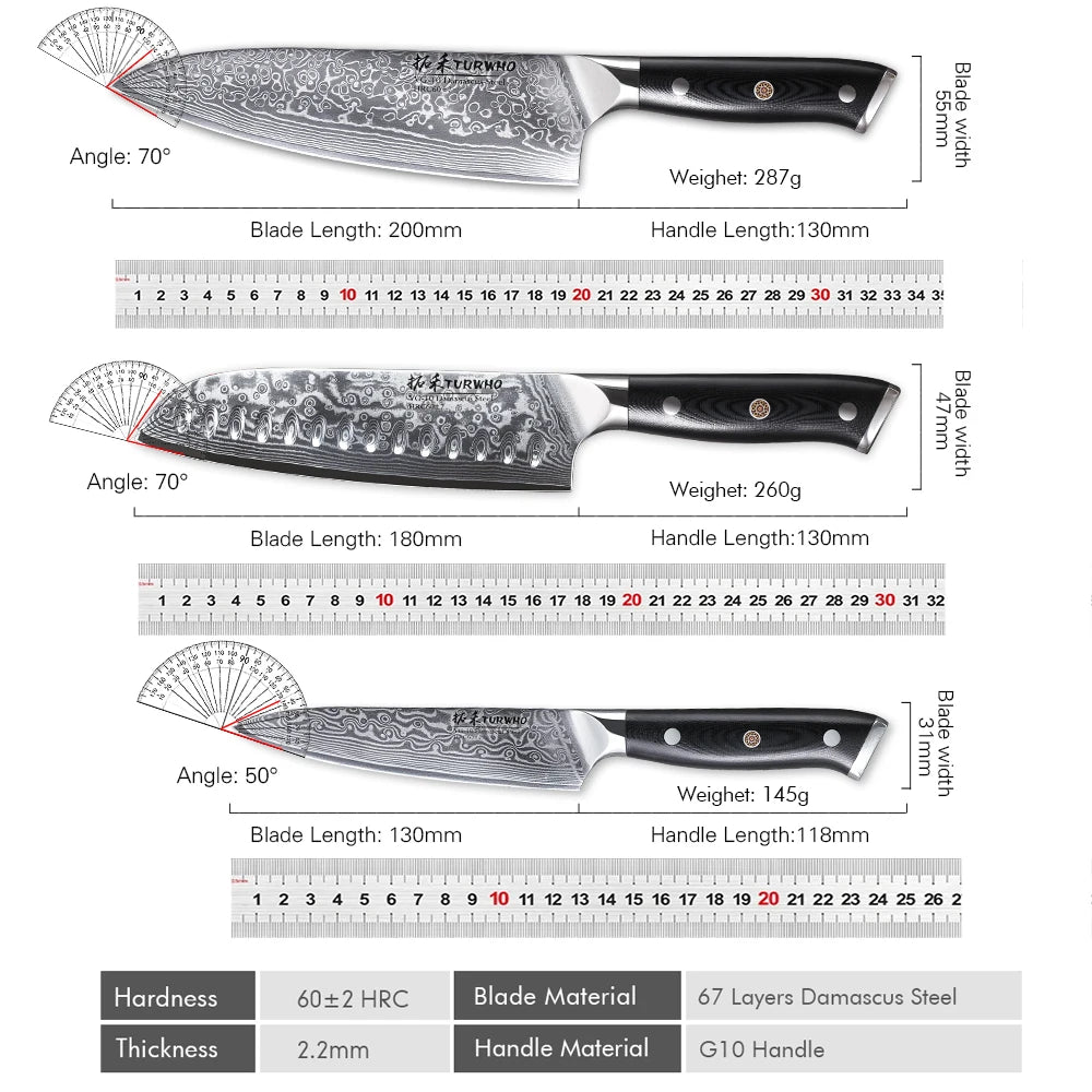TURWHO 1PC-3PCS Professional Kitchen Knives Set Utility Santoku Chef Knife Japanese 67 Layer Damascus Steel G10 Handles Gift Box