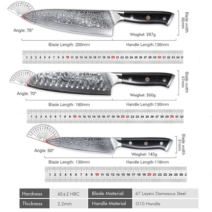 TURWHO 1PC-3PCS Professional Kitchen Knives Set Utility Santoku Chef Knife Japanese 67 Layer Damascus Steel G10 Handles Gift Box