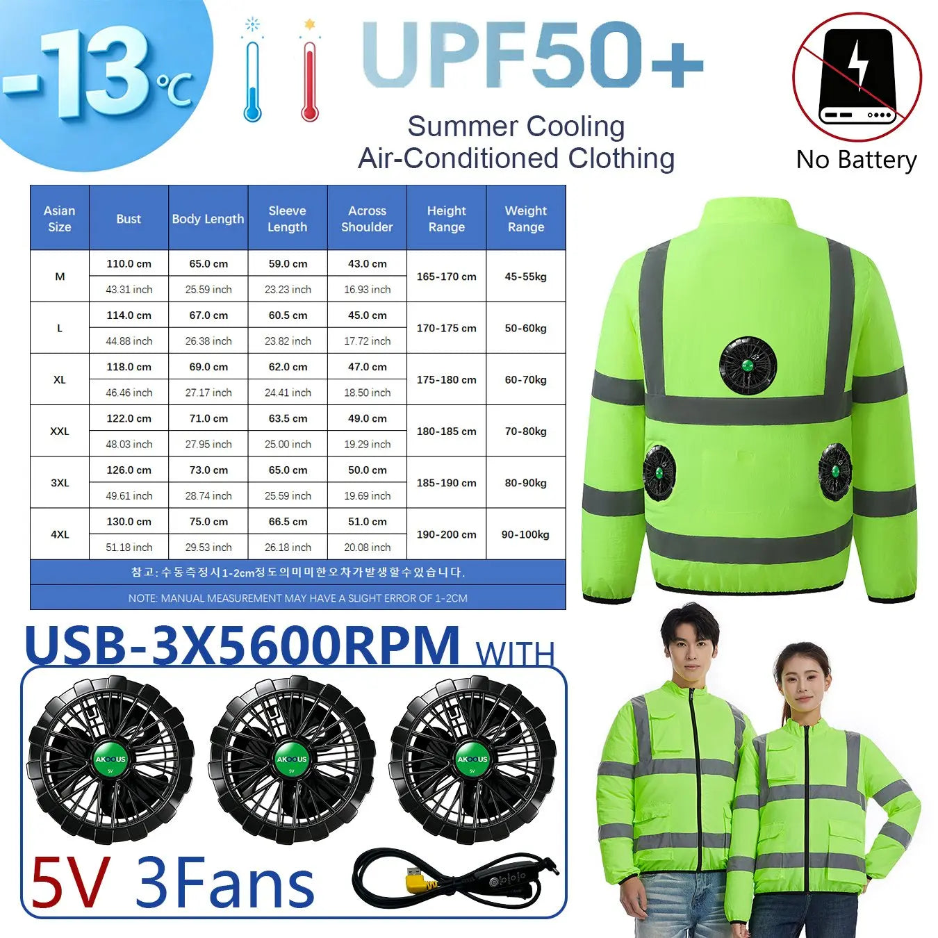 AKOOUS 6500 RPM 12V/5V USB 3-Fans Cooling Vest Air Conditioned Clothes Men Women Outdoor Work Fishing Body Cooling Jacket