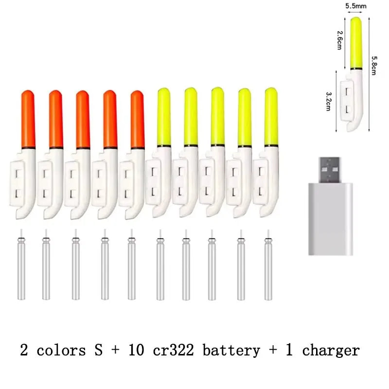10 pcs/lot Electronic Light Stick With 10 Rechargeable Battery CR322 / CR425 Clip on Fishing Rod Glowing Lamp Night Fishing D001