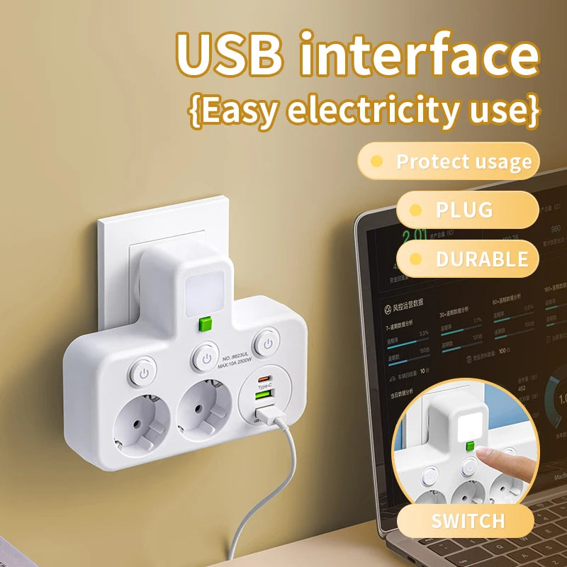 EU plug AC socket power board multi-layer wall socket universal network filter, with or without USB independent switch light ada
