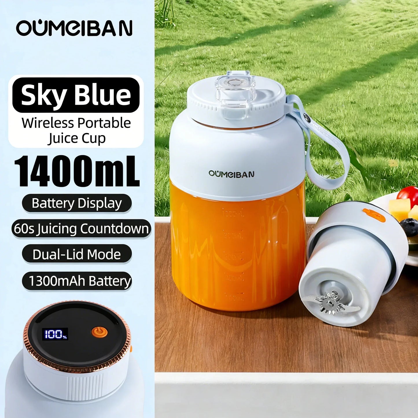Home Portable Juicer 1400ML, Fresh Fruit Mixer with 48 Blades, USB Rechargeable Multifunctional Ice Crusher Smoothie Blender