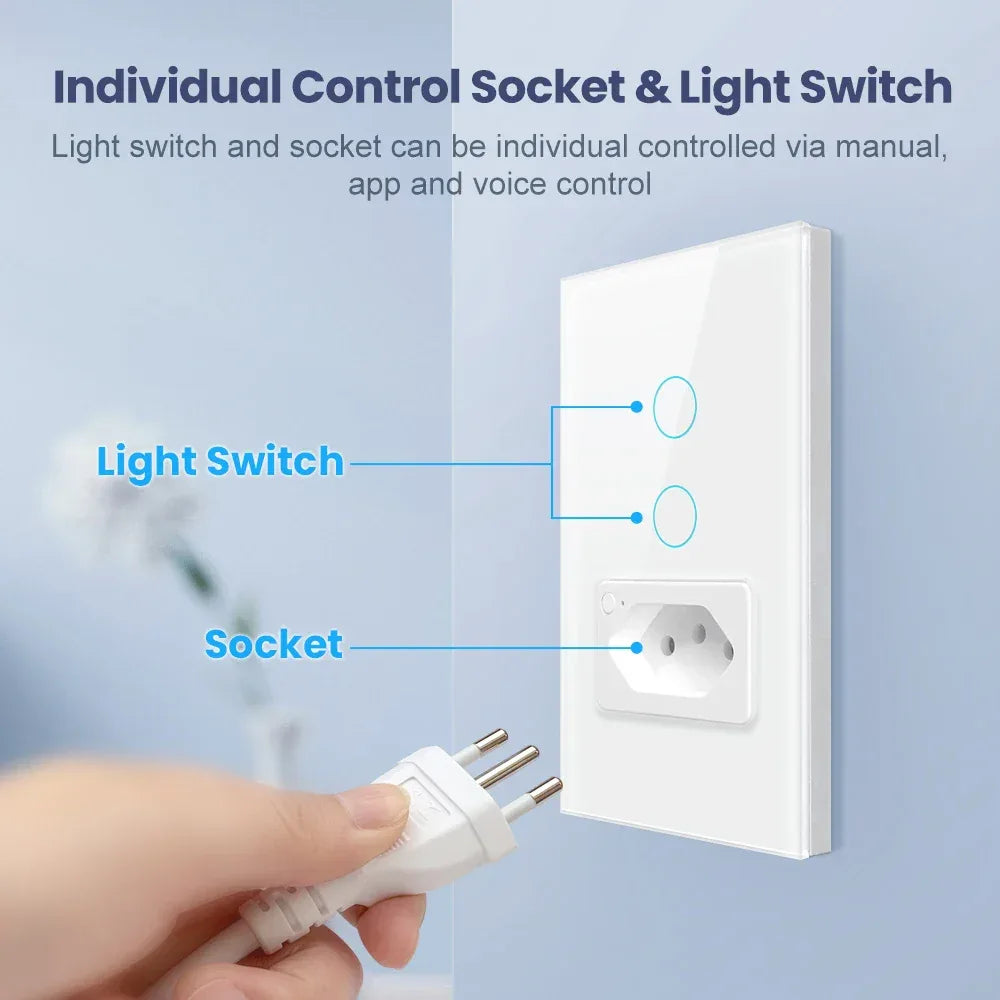 AVATTO Tuya WiFi Smart Light Switch with Socket,Brazil Stand 16A Touch Button Wall Switch,Work for Alexa Google Home
