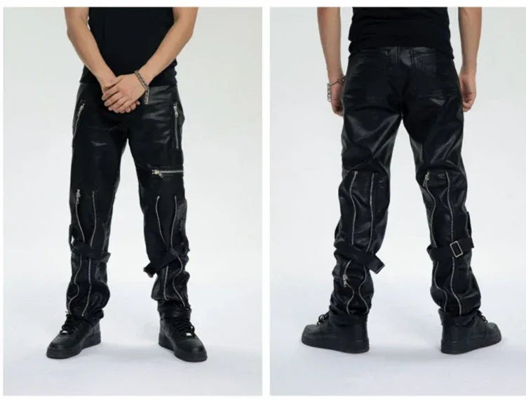 Mauroicardi Spring Autumn Cool Black Pu Leather Pants Men with Many Zippers Belt Luxury Designer Clothing Trousers Fashions 2023