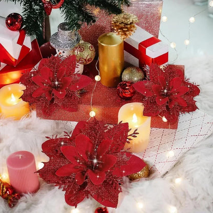 10/1Pc Christmas Glitter Artificial Flowers DIY Christmas Tree Hanging Ornaments Fake Flower For Xmas New Year Party Decor Gifts