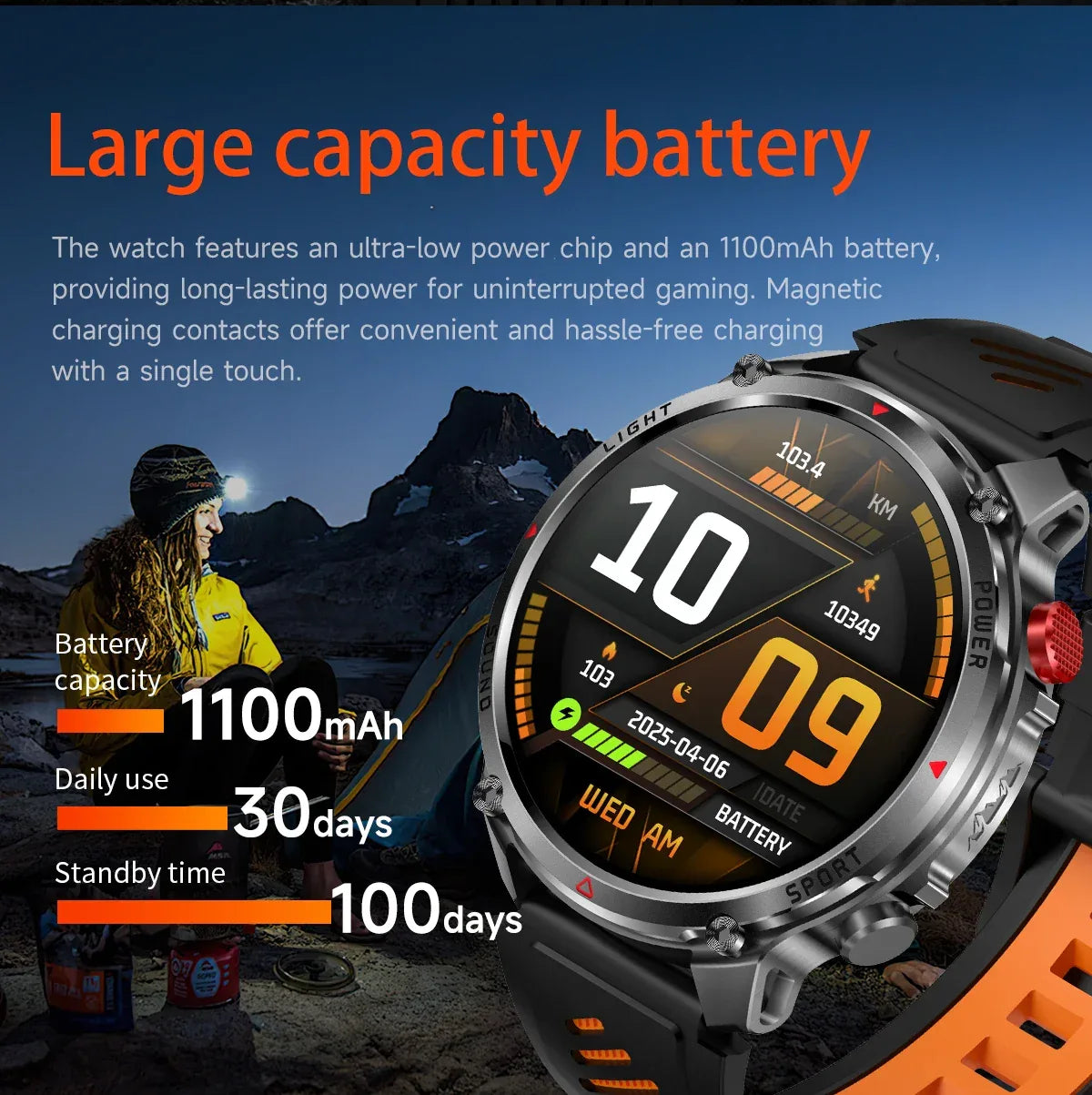 2026 Edition Military Outdoor Sports Smartwatch 1.7-inch AMOLED screen 1100 mAh battery LED flashlight Bluetooth call Waterproof