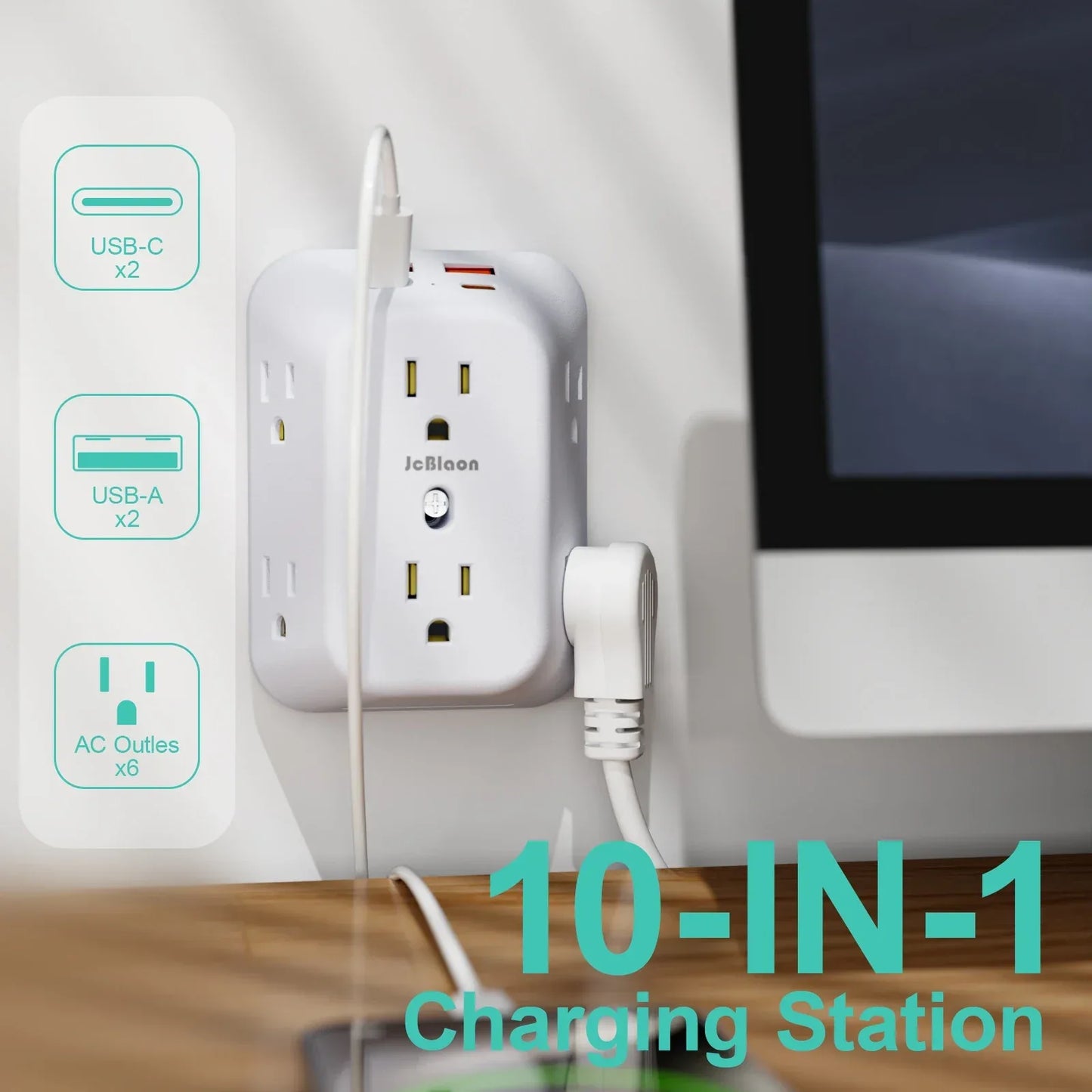 Multi Plug Wall Outle,6-Outlet Extender with 4 USB Ports,3 Sided Multi Plug Wall Adapter  Surge Protector for Home Office