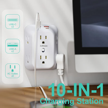 Multi Plug Wall Outle,6-Outlet Extender with 4 USB Ports,3 Sided Multi Plug Wall Adapter  Surge Protector for Home Office