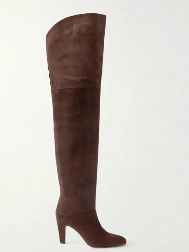 Autumn and Winter Women's Thick High-heeled Knee High Boots, Round Headed Cowhide Suede Fashionable Women's Plus Size Boots
