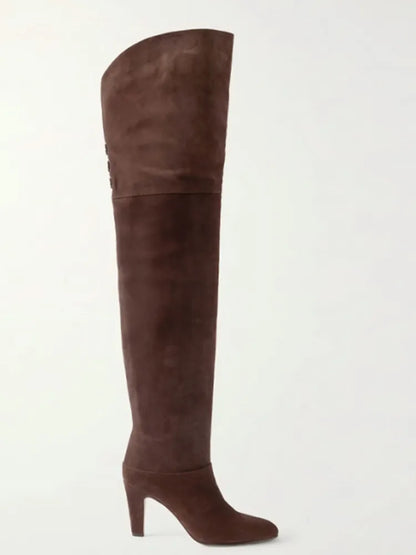 Autumn and Winter Women's Thick High-heeled Knee High Boots, Round Headed Cowhide Suede Fashionable Women's Plus Size Boots