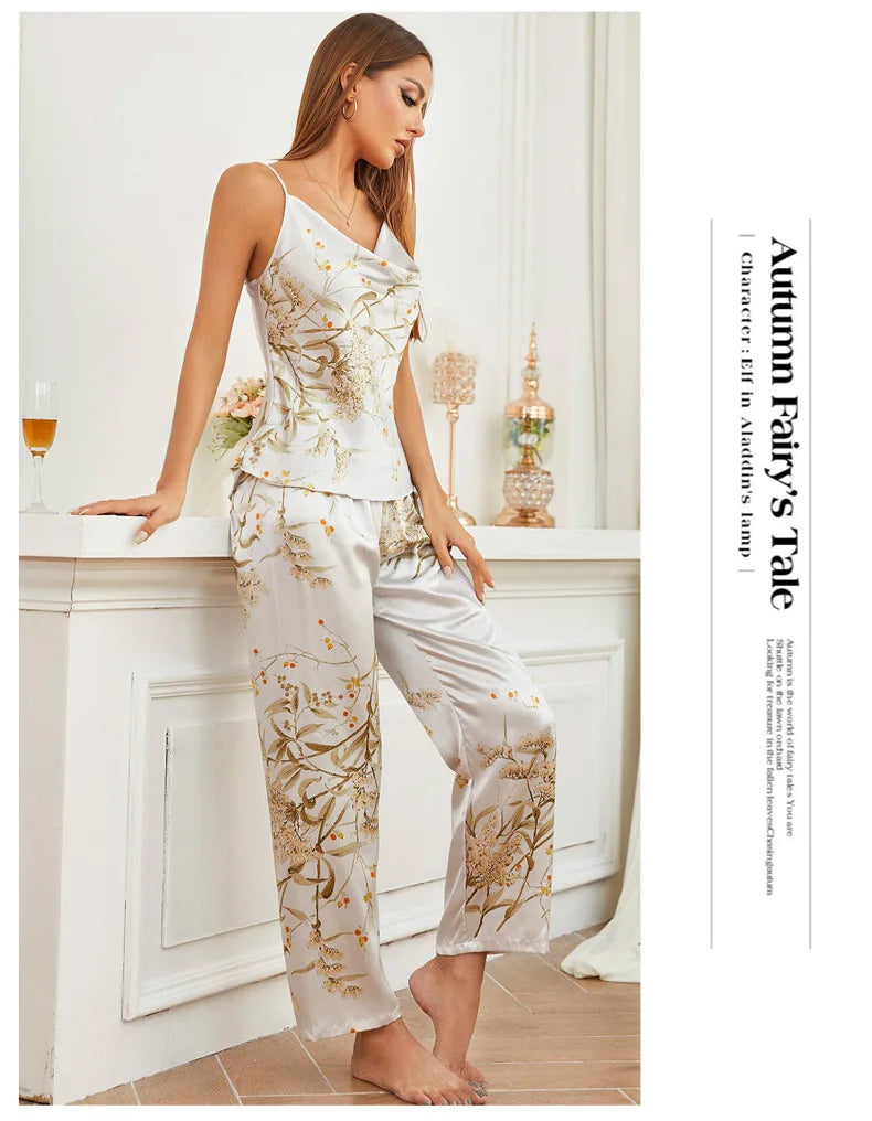 Women Pajamas Sexy Print Cherry Suspender Pijamas Suit Sleepwear Spring Summer Silk Rayon Home Clothes Sling Pants Two Piece Set