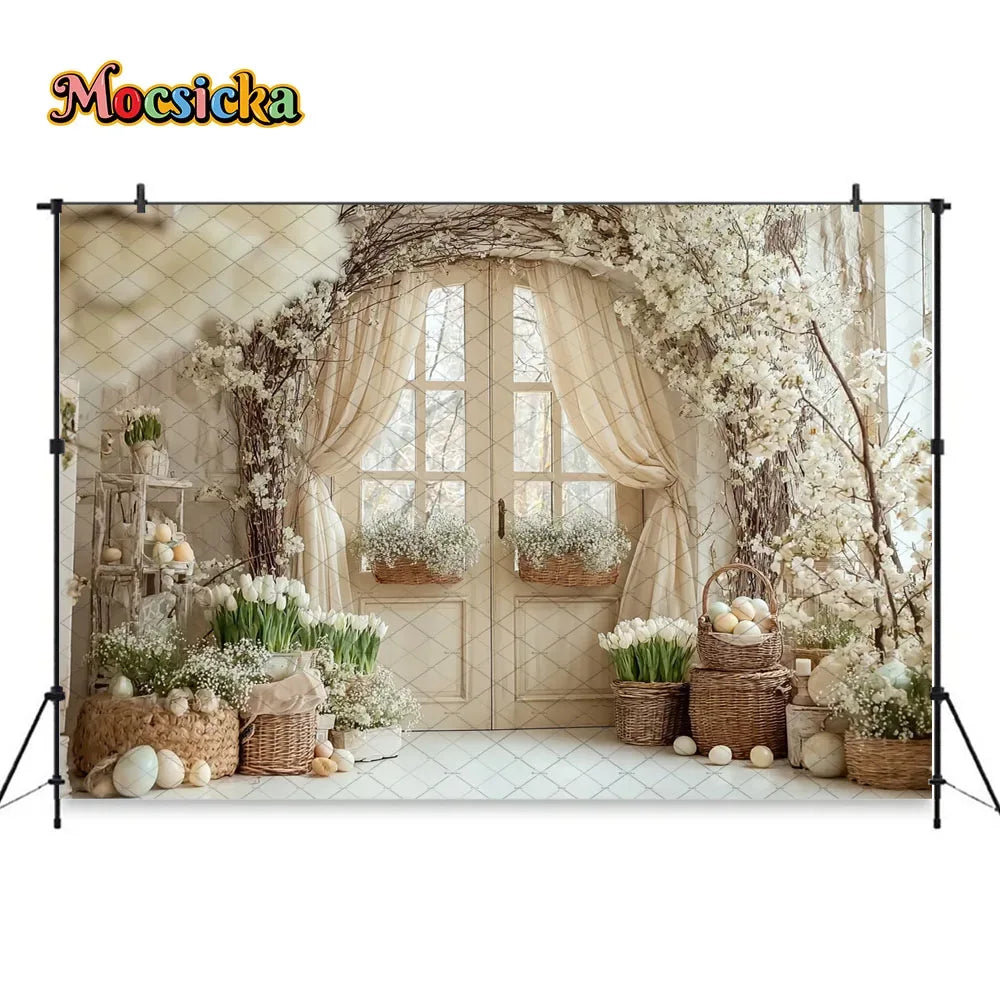 Mocsicka Spring Easter Background Photography White Retro Door Colorful Egg Floral Backdrop Maternity Newborn Photozone Studio