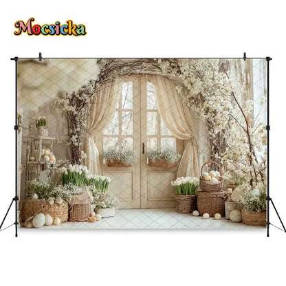Mocsicka Spring Easter Background Photography White Retro Door Colorful Egg Floral Backdrop Maternity Newborn Photozone Studio