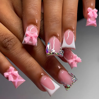 24pcs Nude Pink Sweet Fake Nails Short Duckbill Leopard Print French False Nails With 3D Bowknots Butterfly Cherry Press On Nail