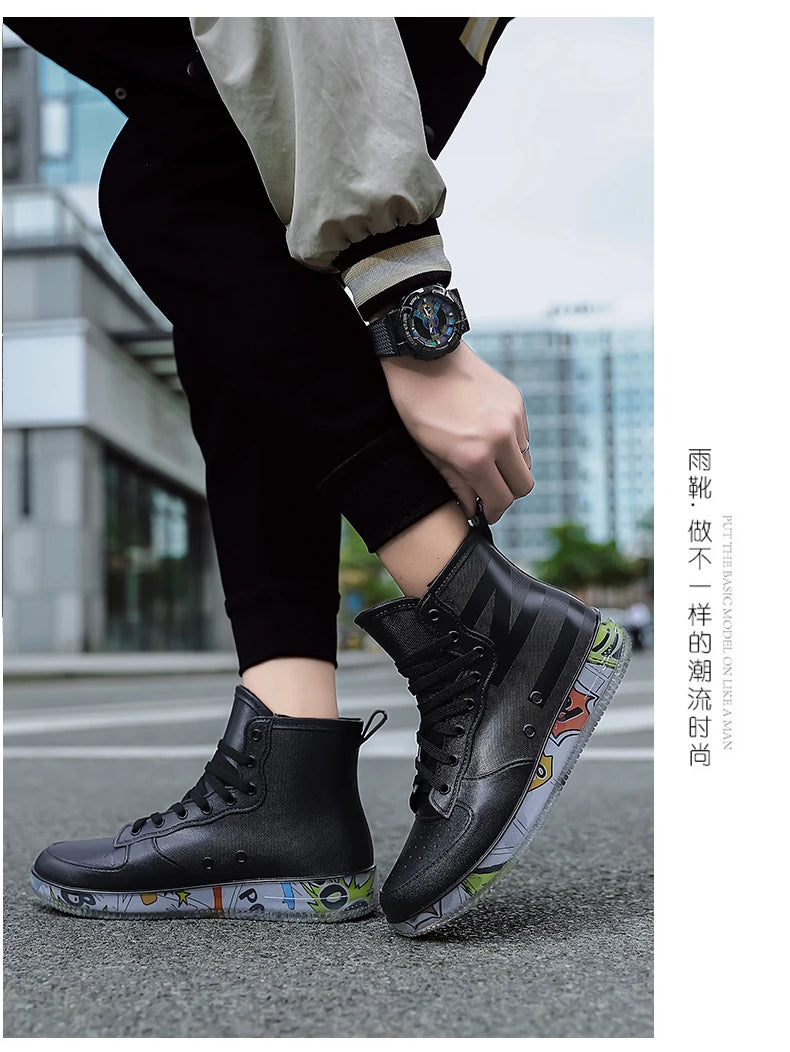 Men Rain Boots Fashion Trendy Nude Boots Anti-skid Work Chef Shoes Durable Waterproof Rubber Fishing Shoes Male Sneakers 2023New