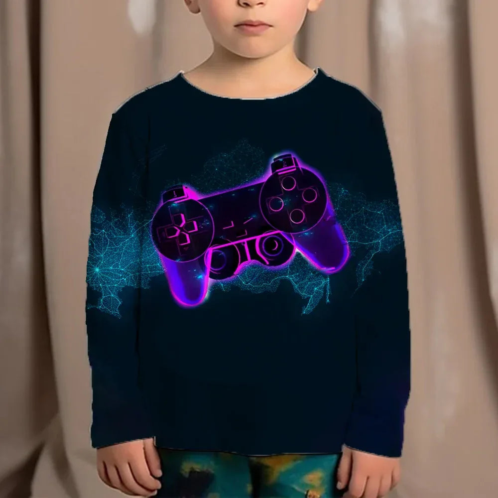 Top Clothes For Children Clothing Autumn Games Console Black T-Shirt Kids Tees Long Sleeve Tshirt From 10 To 12 Years Old Boys