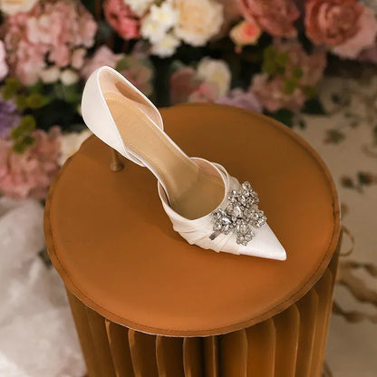 2025 Autumn New White French High Heels Pointy Rhine-Diamond Thin Heel Not Tired Foot Single Shoes Wedding Shoes