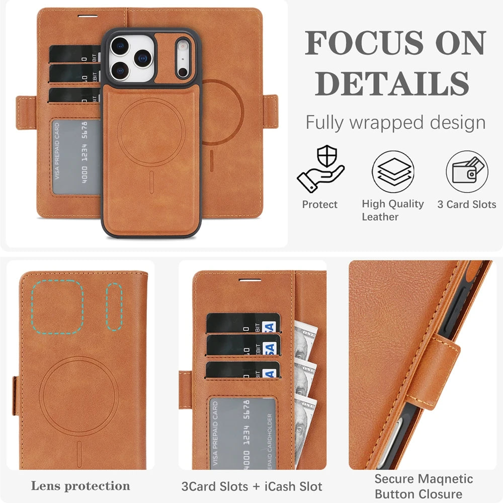 2 in 1 Magsafe Wallet Case For iPhone 17 Promax Air 16 Pro Max 15 Plus 14 13 12 iphone17 Cards Slot Leather Flip Phone Cover