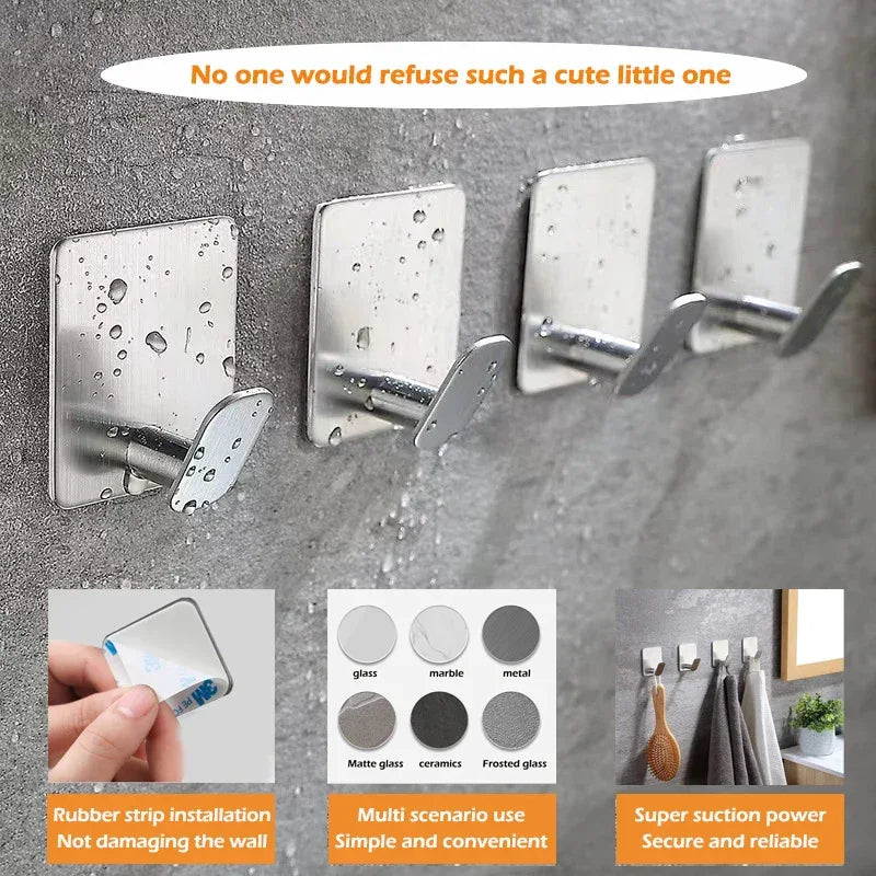 4pc/2pc bathroom clothes hooks, adhesive wall hooks, stainless steel towel racks, bathroom kitchen hardware, multi-purpose hooks