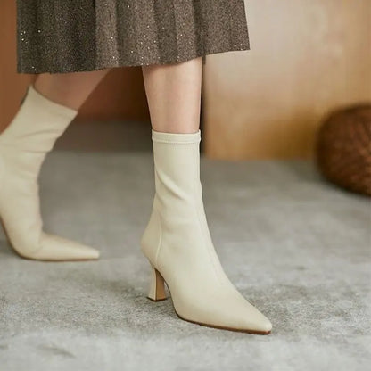 Women High Heel Short Leather Boots  New Boots Female Pointed Thin Heel Boots Ladies Ankle Short Boots Botas De Mujer 2024