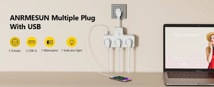 3840W EU Plug Power Strip with 2USB-A and Type-C Fast Charging Outlets Adapter Electrical Socket 250V 16A with Expansion Cable