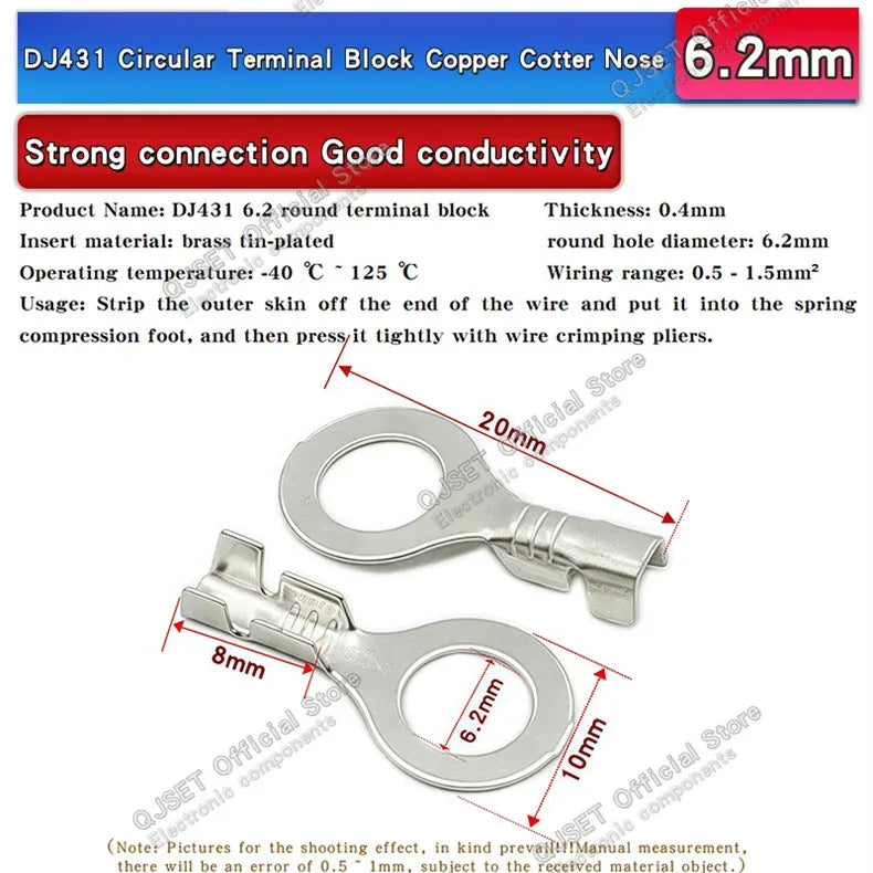 100PCS Circular Terminal Blocks DJ431 O-ring lugs Cold pressed connectors Copper lugs Terminal blocks Open ended bare ends 6.3mm