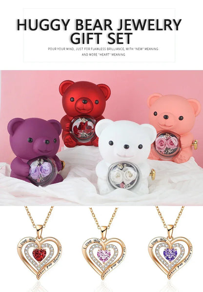 Cute Teddy Bear Design Jewelry Box for Girlfriend, Wife, Mother's Day, Birthday, Valentine's Day Surprise Heart Necklace