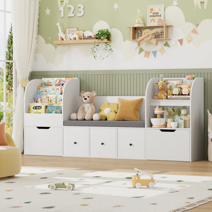 Getone 180.5cm Kids Toy Storage Unit 4-tier Kids Bookshelf with Storage Bench Childrens Bookcase Toy Organiser with 2 Drawers on Wheels, 3 Fabric Drawers for Nursery Playroom Furniture 180.5x35.2x80cm