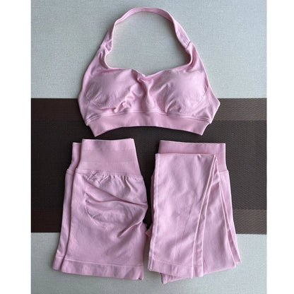 2 Pieces Yoga Gym Set Women Seamless Strappy Yoga Bra High Waist Workout Scrunch Shorts Sports Set Fitness Clothes Sportswear