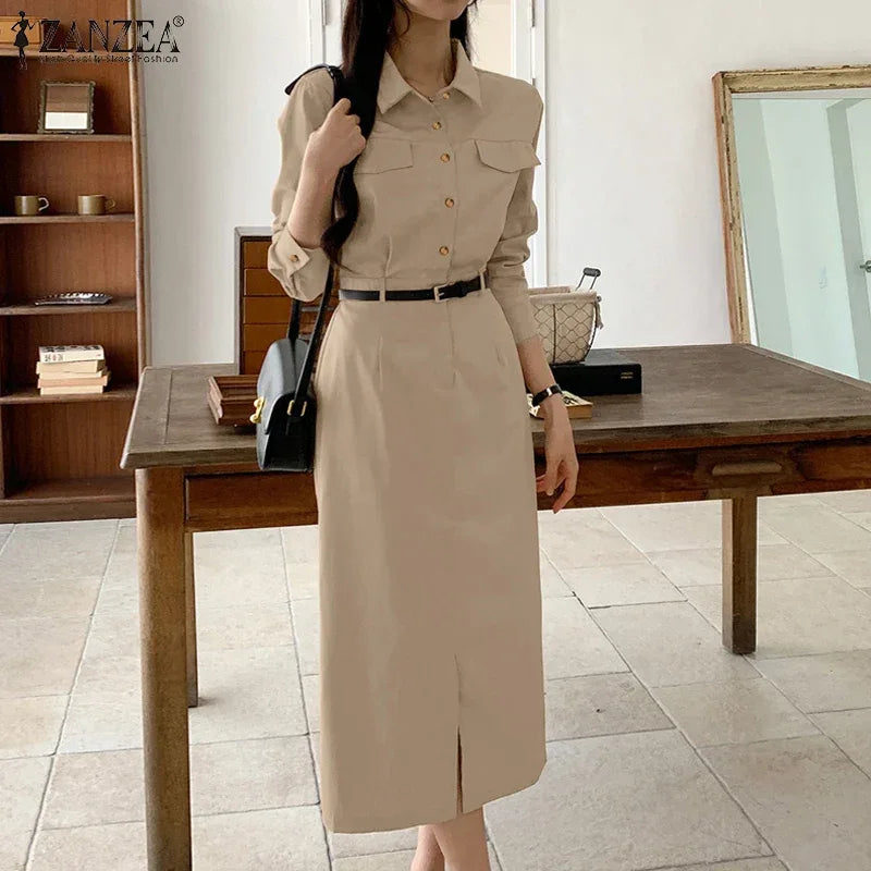 ZANZEA Women Lapel Long Sleeve Vestidos 2025 Spring Solid Work Dresses Casual Waisted No Belted Robe Office Lady Midi Spilt Robe