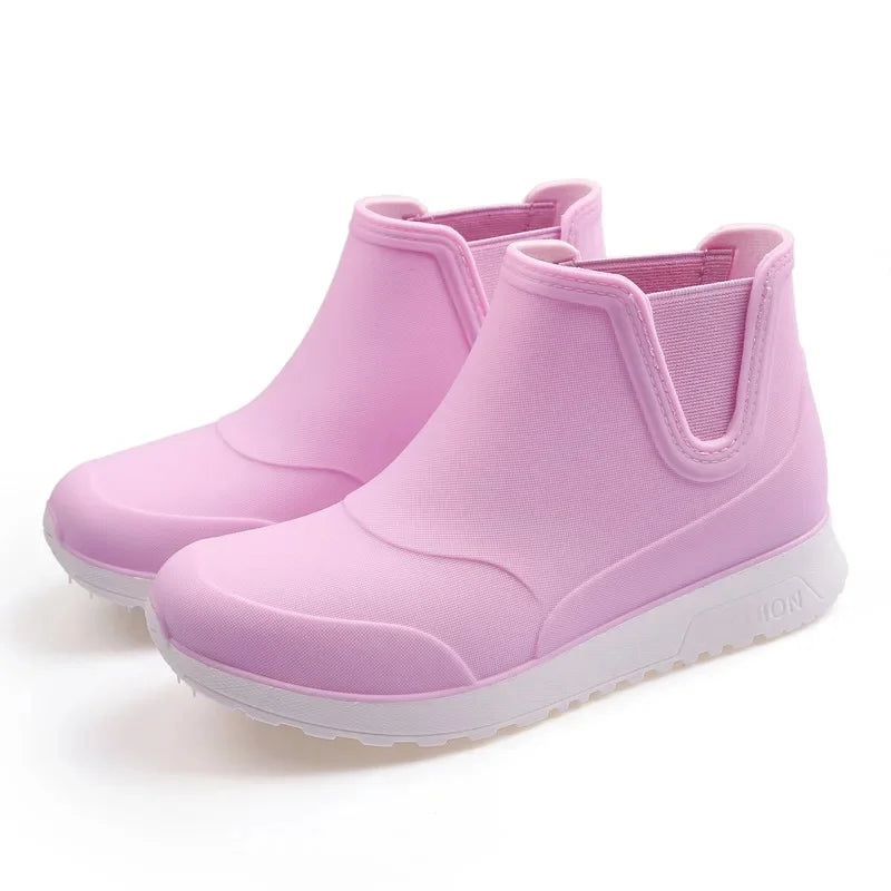 Fashionable Winter Short Ankle Women's Rain Boots Waterproof Slip Resistant Car Wash Shoes Adult Fleece Lined PVC Ladies Footwea
