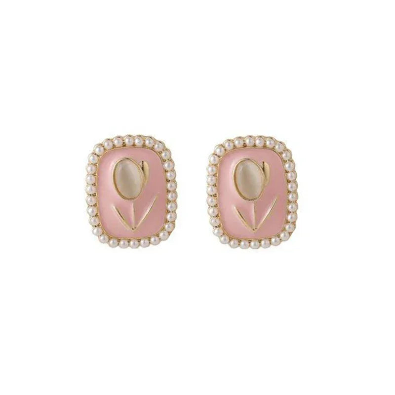 Opal Tulip Flower Pink Color Square Imitation Pearl Stud Earring for Women Korean Sweet Geometric Jewelry Christmas Girl Gift