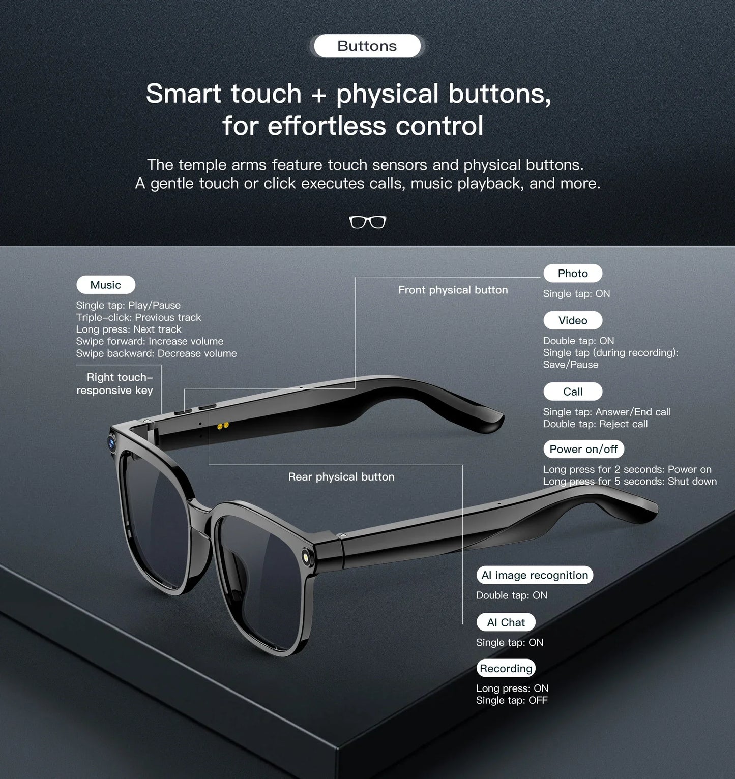 Lunettes intelligentes avec traduction IA, prise de photos, reconnaissance d'objets, caméra 4K, Bluetooth, musique, appels et enregistrement intelligent.