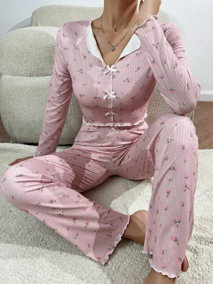 Pajamas Set Women Sleepwear Winter Autumn Floral Print Long Sleeve Tops and Long Pants 2 Pieces Set Casual Loungewear