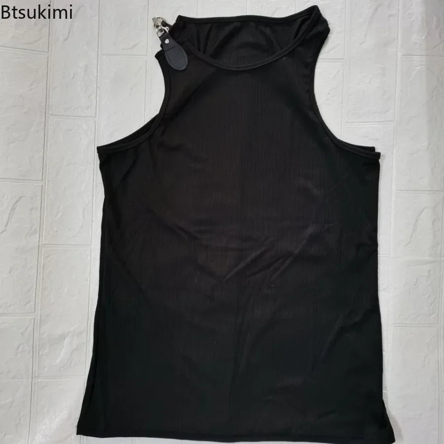 2026 Streetwear Men's Sexy Chain Button Straps Tank Tops Hip Hop Vest T-shirts Men Sleeveless Elastic Slim Fitness Muscle Vests