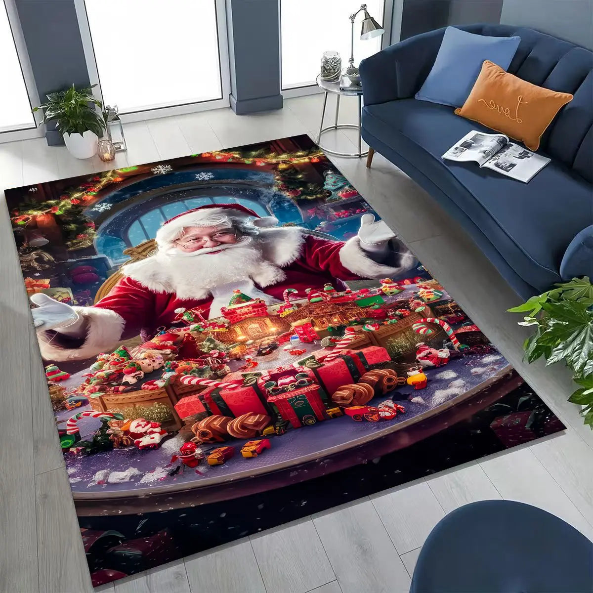 Happy New Year Merry Christmas Tree Santa Claus Cartoon Gift Carpet Rug for Bedroom Living Room Sofa Home Doormat Decor,Non-slip