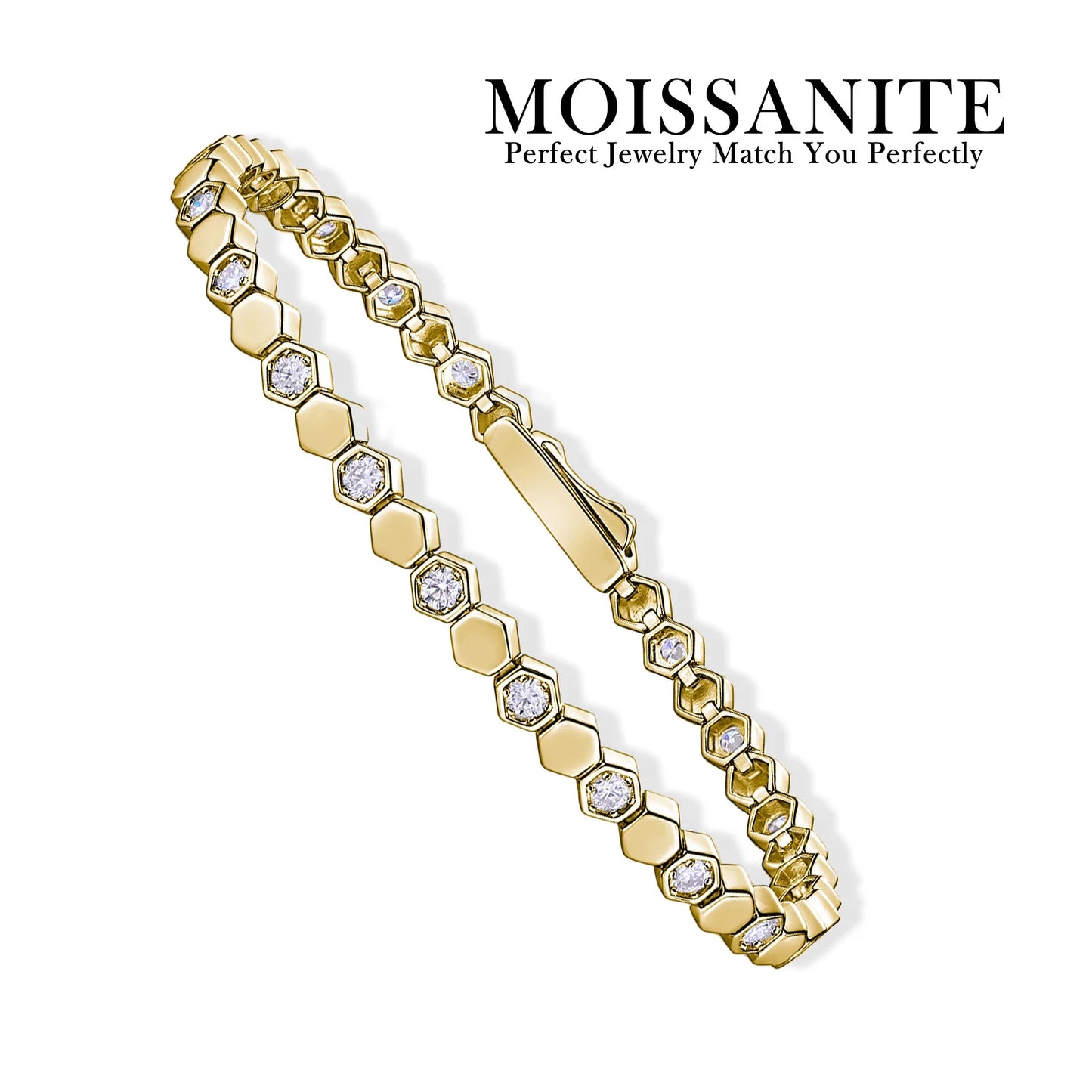 925 Sterling Silver 14K Gold Plated Moissanite Hexagon Tennis Bracelet for Women Color Sparkling Geometric Jewelry Gift