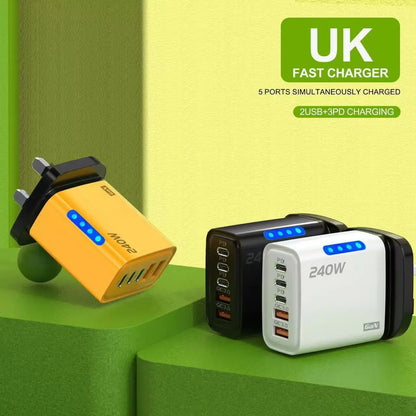 240W GaN Fast Charger 3 USB-C 2 USB-A Ports PD QC3.0 for iPhone 17 16 Galaxy S25 S24 Xiaomi 16 15 Huawei Mate 70 60 Oppo Vivo