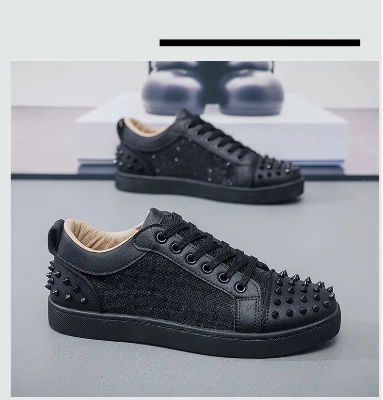 New Fashion Silver Trainers Glitter Spiky Shoes Men Lace Up Sneakers Low Top Shoes Red Sole Man Designer Sneaker With Spikes