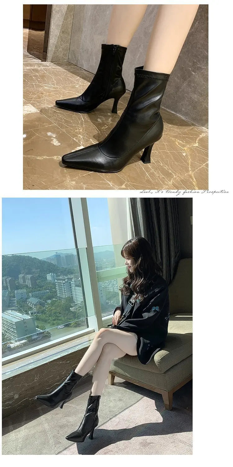 Women High Heel Short Leather Boots  New Boots Female Pointed Thin Heel Boots Ladies Ankle Short Boots Botas De Mujer 2024