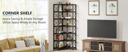 Bibliothèque d'angle à 7 niveaux LITTLE TREE, étagère de rangement haute à 7 niveaux avec structure en métal pour salon ou bureau à domicile