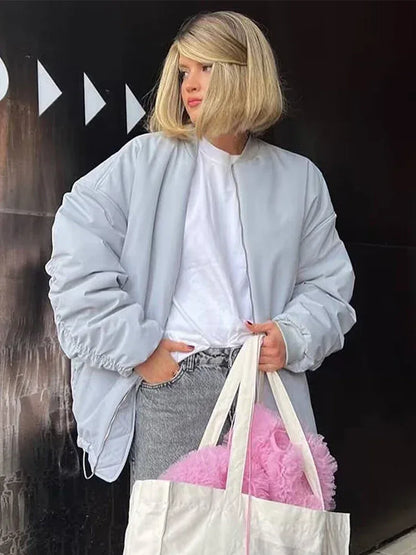 Retro Solid Zipper Cotton Jackets Women Casual Loose Bomber Jacket With Oblique Pockets Female Y2k Autumn Chic Street Outwear