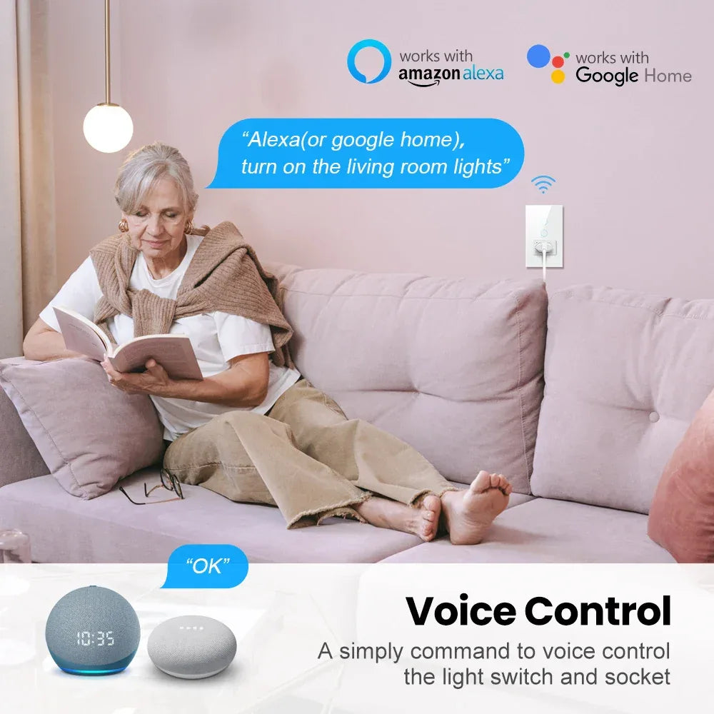 AVATTO Tuya WiFi Smart Light Switch with Socket,Brazil Stand 16A Touch Button Wall Switch,Work for Alexa Google Home