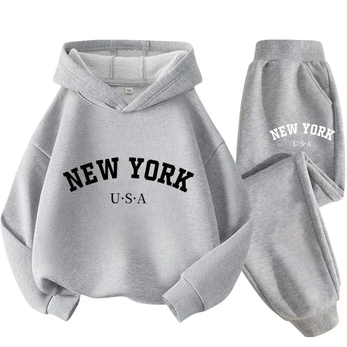 Autumn Warm New York Letter Cool Graphic Print Children Long Sleeve Hoodie +pant Suit 2pcs Set Sweatshirt Boy Girl Kid Sportwear