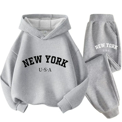 Autumn Warm New York Letter Cool Graphic Print Children Long Sleeve Hoodie +pant Suit 2pcs Set Sweatshirt Boy Girl Kid Sportwear