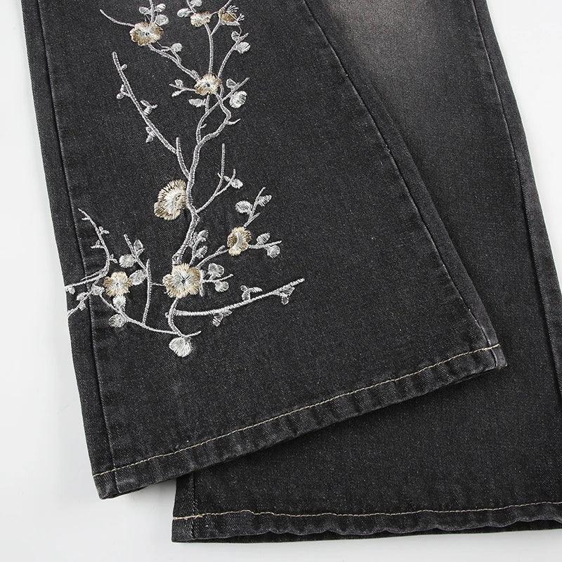 Floral Embroidery Jeans Women Y2K Streetwear Baggy Denim Pants Vintage 2000S Low Rise Flared Jeans Female High Street Trousers